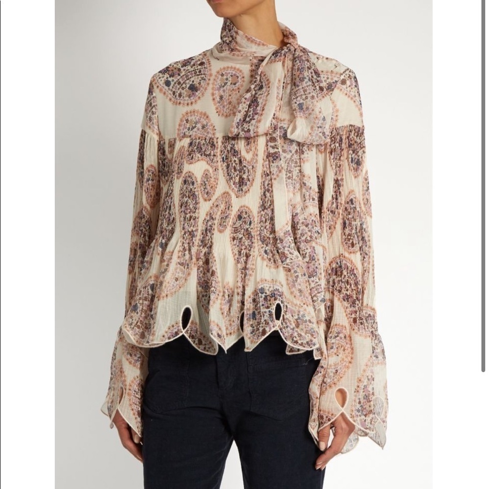 See By Chloe Long-Sleeve Plissé Paisley Chiffon Smock Top in Winter White